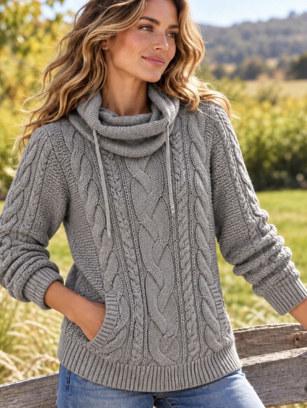 LL Bean Funnel Neck Sweater Fisherman Chunky Cable Knit Heavy Cotton Grey Size M
